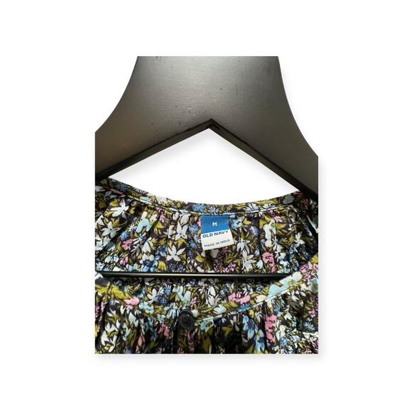 Old Navy Women’s Blue Floral Ruffle Short Sleeve Crew Neck Blouse Top Button 425 - Picture 3 of 6